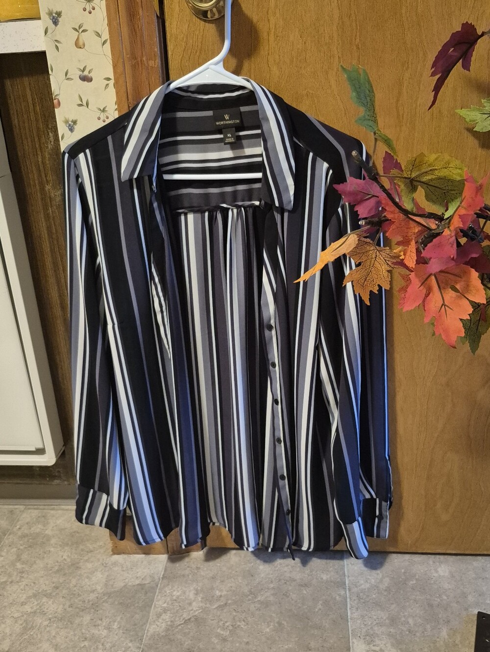Worthington Women's Purple, Black and White Vertical Stripe Button-Down Shirt.